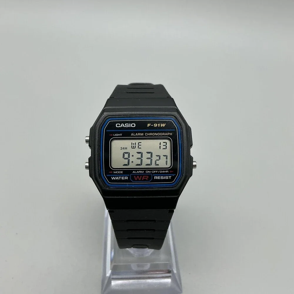 Casio 593 F-91W Mens Watch 35mm Digital Gray Dial Black Resin Alarm Chronograph